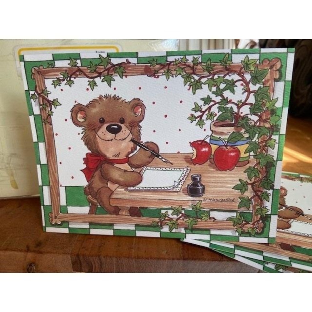Suzy's Zoo Vintage 1994 Bear Writing Note Cards Set of 5 Blank Stationery Green